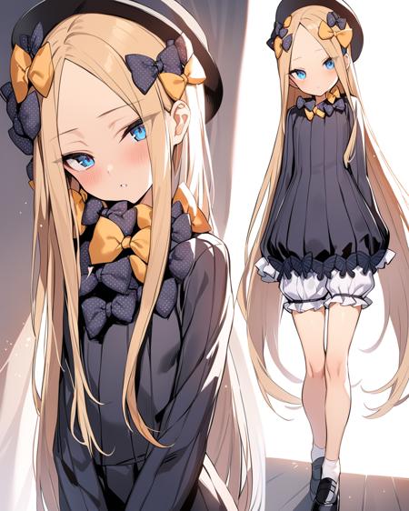 masterpiece, best qualityï¼
 <lora:AB:1>ï¼abigail williams (fate),1girl,hat,long hair,blonde hair,forehead, blue eyes,multiple hair bows, yellow bow,black bow,polka dot bow, hair bow,long sleeves,dress,white bloomers, butterfly,