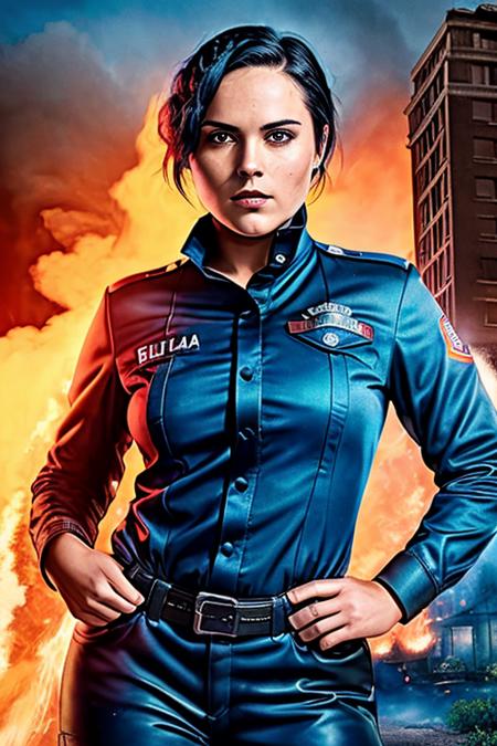 a photo of (MonicaRaymundV4-900) (in dressed as a firefighter blue:1.2), full body, (dynamic pose),((front view)), red lips, and a ((close up:1.3)), (black hair) , background is city ruins, (high detailed skin:1.2), 8k uhd, dslr, soft lighting, high quality, film grain, Fujifilm XT3