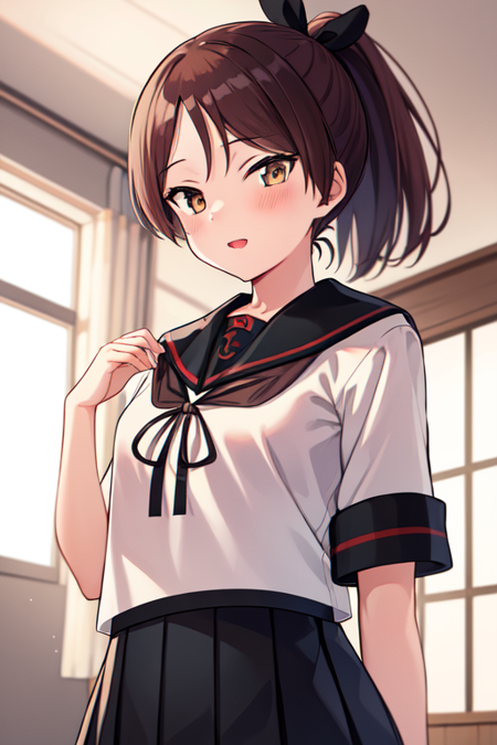 shikinamiKC, 1girl, solo,skirt, school uniform, ponytail, pleated skirt, serafuku, brown skirt, sailor collar,brown sailor collar,