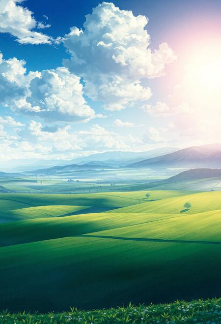 ultra-detailed anime landscape, expansive green fields under a cloudy blue sky, gentle sunlight, soft watercolor gradients, distant mountains, scattered trees, light haze in the air, peaceful countryside atmosphere, cinematic composition, depth of field, hyper-realistic cel shading, inspired by Makoto Shinkai and Studio Ghibli, 4K vertical, highly detailed, vivid colors, dreamy lighting