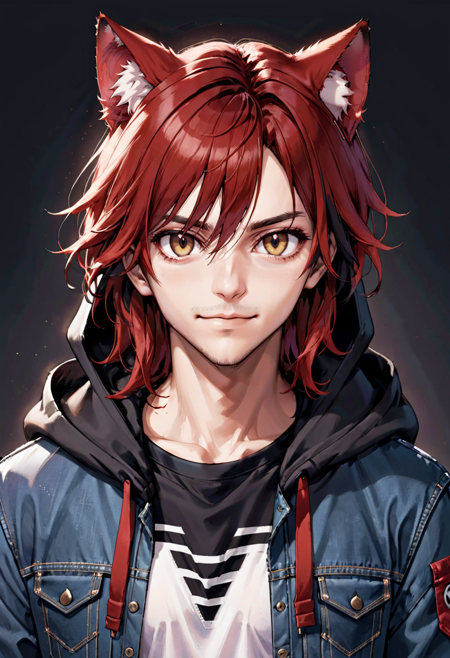 DauntlessXL Style, 1boy, animal ear fluff, animal ears, black hair, cat ears, closed mouth, collarbone, denim, facial hair, hood, hood down, jacket, long hair, looking at viewer, male focus, medium hair, open clothes, open jacket, pocket, red hair, shirt, simple background, smile, solo, stubble, two-tone background, upper body, white background, white shirt, yellow eyes, <lora:DauntlessMixSDXL:0.8>