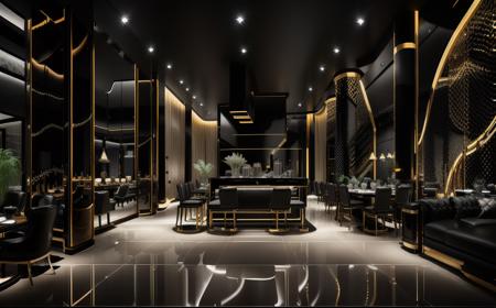 a dimly lit dining room with large windows, cinematic render unreal engine, moscow, black design, gold and luxury materials, sparkling atmosphere, archviz, dark monochrome color palate, heaven lighting, unreal engine rendered, rendered image, well - lit, upscale <lyco:Vu_cafe:1.0>