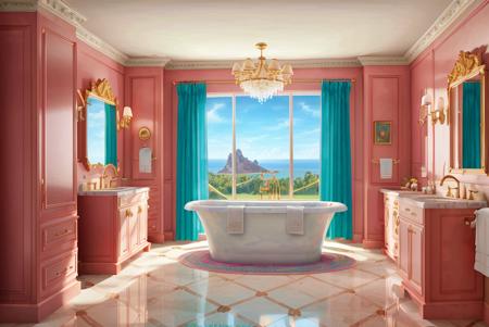 (Professional 3D rendering:1.3),(Ultrarealistic:1.3), style of (archmagazine:1.0), the perspective of a maximalist bathroom, video game concept art, hidden object video game, room escape video game, perfect composition, realistic, award-winning, architectural digest, architecture magazine cover, no humans