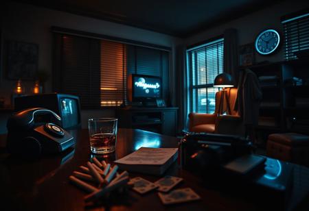 Retro noir-themed decor. Shot on a Leica M11, deep contrast, cinematic shadows, ISO 200. Summilux-M 35mm f/1.4 lens. Low-angle shot with layered foreground. Cool-toned, moody lighting.
A dim mid-century room with an old rotary phone beside an overflowing ashtray. The flicker of a CRT TV reflects off a glossy wooden table, casting rippled shadows. A neon clock hums, bathing the space in cool blue light. The faint crackle of a distant radio breaks the silence, interrupted by passing cars outside.
Moonlight seeps through half-open blinds, striping dusty bookshelves with contrast. The dark ceiling absorbs most light, making neon accents pop. A blurred foreground features cigarettes and an old camera, framing a film-noir aesthetic. A half-drunk glass of whiskey rests on the windowsill beside an unopened letter, its edges curling. A detective novel with a cracked spine sits on a faded leather chair, abandoned mid-read.
A trench coat hangs in the corner, still damp from rain. A half-empty scotch bottle stands beside a typewriter, its ribbon tangled, a thought cut off mid-sentence. The scent of old paper, dust, and stale smoke lingers. A dim desk lamp casts stretched shadows over a scattered deck of playing cards. The air feels thick, heavy with forgotten conversations and unsolved mysteries, frozen in a moment of quiet tension.