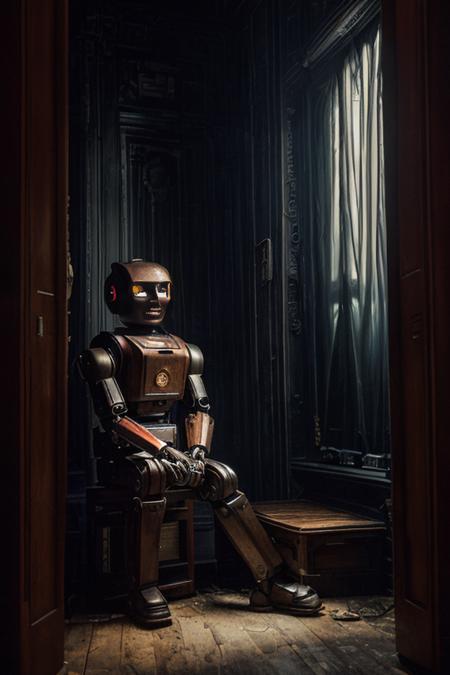 photo of [25 yo Anna:robot:10], [fine art | street], (highly detailed face), (private club, wood furniture), (sitting in the entryway), (dark and moody light:1.4), disappointed <lora:epiNoiseoffset_v2:1>