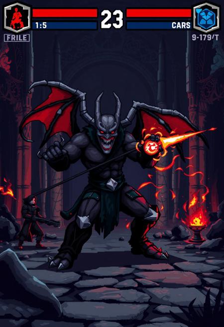 (8-bit pixel art:1.5), (2D fighting game with gothic fantasy elements:1.4), (dark medieval environment:1.3), eerie atmosphere, (cathedral ruins:1.2), (demonic fighter sprite:1.3), (blocky pixel characters:1.4), (limited color palette:1.2), (blood effects:1.3), glowing red eyes, (sharp outlines), (low-resolution pixel shading:1.3), action pose, (melee attack animation), (hit sparks:1.1), (hellish background:1.2), (glitching game interface:1.2), (exaggerated proportions), (heavy metal UI elements), (dark energy effects), (realism:-1.5), (photorealism:-1.4), (smooth anatomy:-1.3), (soft textures:-1.2), (highly detailed rendering:-1.4), (bright pastel tones:-1.2), (blurry effects:-1.3), (muted colors:-1.1)