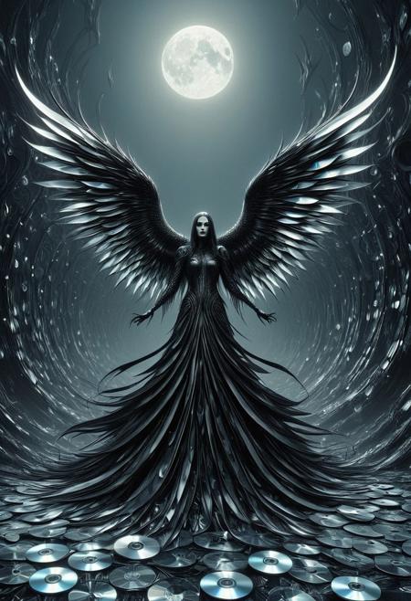 made of cd's,  dark surrealism, intricate linework, gothic horror, high-contrast compositions, eerie atmospheres, bold shadows, supernatural elements, dystopian landscapes, mythological storytelling, expressive detailing, cinematic depth, noir aesthetics, psychological tension, fantastical realism, hauntingly beautiful imagery