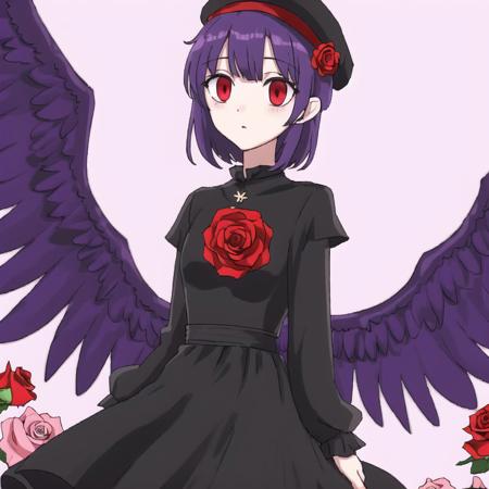 <lora:Jutofe_Akasonu:1.0>, black dress, dress, flower, hat, purple hair, red eyes, rose, short hair, solo, wings