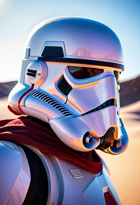 crimson stormtrooper, tatooine in winter, Hyperrealistic, mid shot, intricately detailed, color depth, dramatic, 2/3 face angle, side light,
