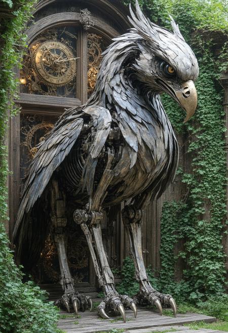 A colossal, intricately carved wooden automaton, resembling a mythical griffin, stands motionless within a forgotten clockwork garden. Moonlight filters through the overgrown hedges, casting long, skeletal shadows across the polished wood and revealing the complex inner workings visible through transparent panels. Style of Hayao Miyazaki meets H.R. Giger, blending whimsical fantasy with biomechanical elements. Cool grays, blues, and greens dominate, with accents of warm brass and the soft glow of internal gears. Highly detailed, volumetric lighting, cinematic composition, sense of mystery and melancholic beauty.