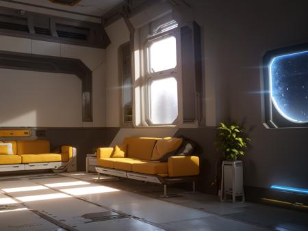 Research base, science fiction theme, mechanical design, scenery, couch, indoors, window, sunlight, no humans, plant<lora:Science fiction theme:1>