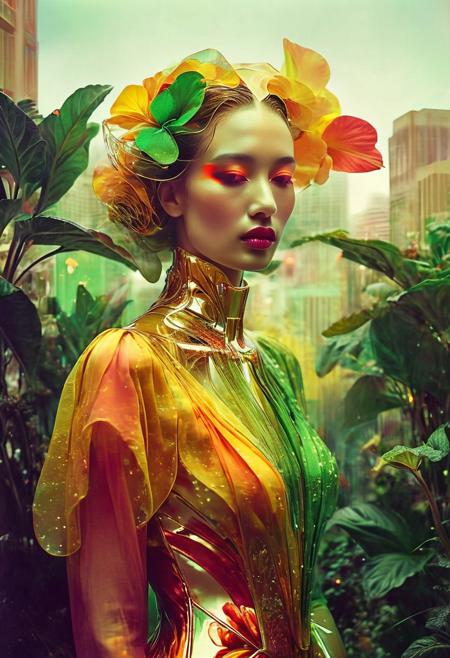 A woman is wearing a flowing, multi-colored dress with shades of yellow, orange, red, and green that resemble flower petals. Her hair is tousled, and she stands gracefully against a blurred, neutral background. The dress appears light and ethereal, as if made from delicate petals. fractal spiral ham waves Levi
BREAK ()Hyoer Realistic:2.0)Polaroid picture an image of San Francisco transformed into a Cyberpunk tropical paradise. The cityscape is a vibrant, neon-lit utopia, with towering skyscrapers and lush, green vegetation. The atmosphere is warm and humid, with a hint of tropical flowers and the distant hum of futuristic technology. The people of this utopian empire live in harmony, their faces radiant with joy and contentment. Capture the surreal, futuristic beauty of this scene, where the boundaries between technology, nature, and society blur, and the possibilities of human achievement are redefined.
