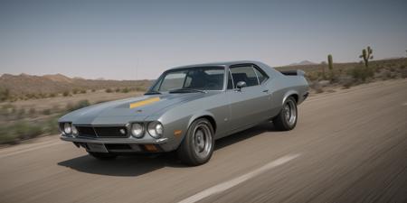 Create an ultra-detailed and realistic image of a custom car, created with parts from many muscle cars, with aerodynamic lines from 1972, but armored with bulletproof plates, with two heavy artillery machine guns on the roof. The car is metal color, with black tinted windows. It is captured in motion with motion blur at full speed through a desert, daylight. The photograph is captured with an Arri Alexa camera, with a zoom lens.