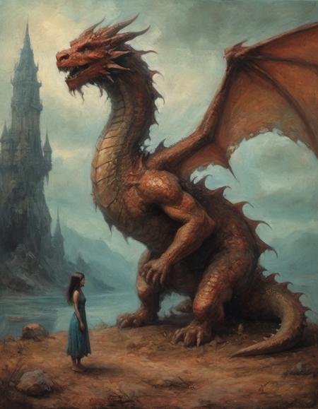 oil painting girl and dragon by beksinski style and ajanicki and deodato