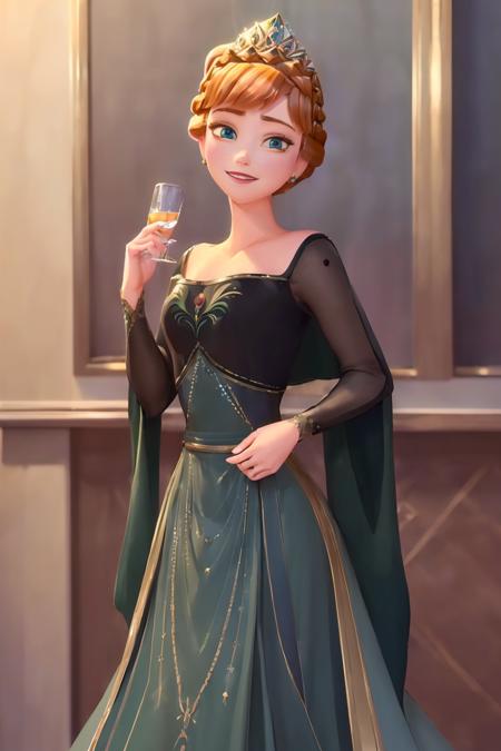 (masterpiece:1.4), (best qualit:1.4), (high resolution:1.4), anna of arendelle, queen dress, tiara, updo, looking at viewer, smile, <lora:anna_of_arendelle_v22o:1>