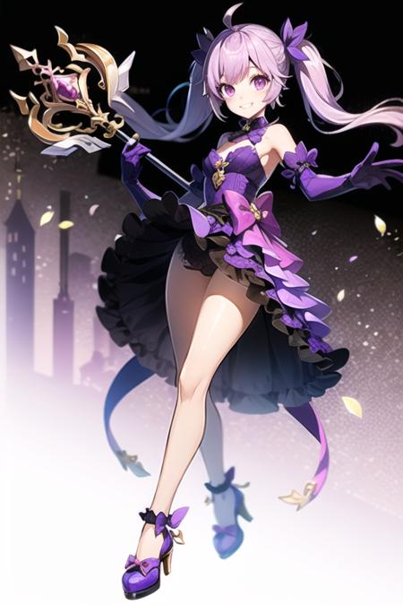 <lora:AishaLandar-07:0.7> , aisha, 1girl, solo, long hair, looking at viewer, smile, skirt, gloves, dress, bow, holding, twintails, purple eyes, full body, purple hair, ahoge, frills, grin, bare legs, low twintails, staff, purple dress, purple skirt, holding staff, purple footwear