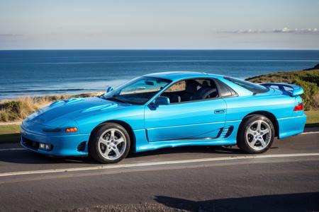 3000GTVR4 ice blue body, parked near a beach, fireworks:1.0 in night sky, wide-angle, aerial side view, masterpiece, award winning, night sky, beautifully detailed fireworks, natural lighting, ocean waves, sharp focus, smooth, intricate details, 8k wallpaper, trending on artstation <lora:3000GTVR4:0.8>