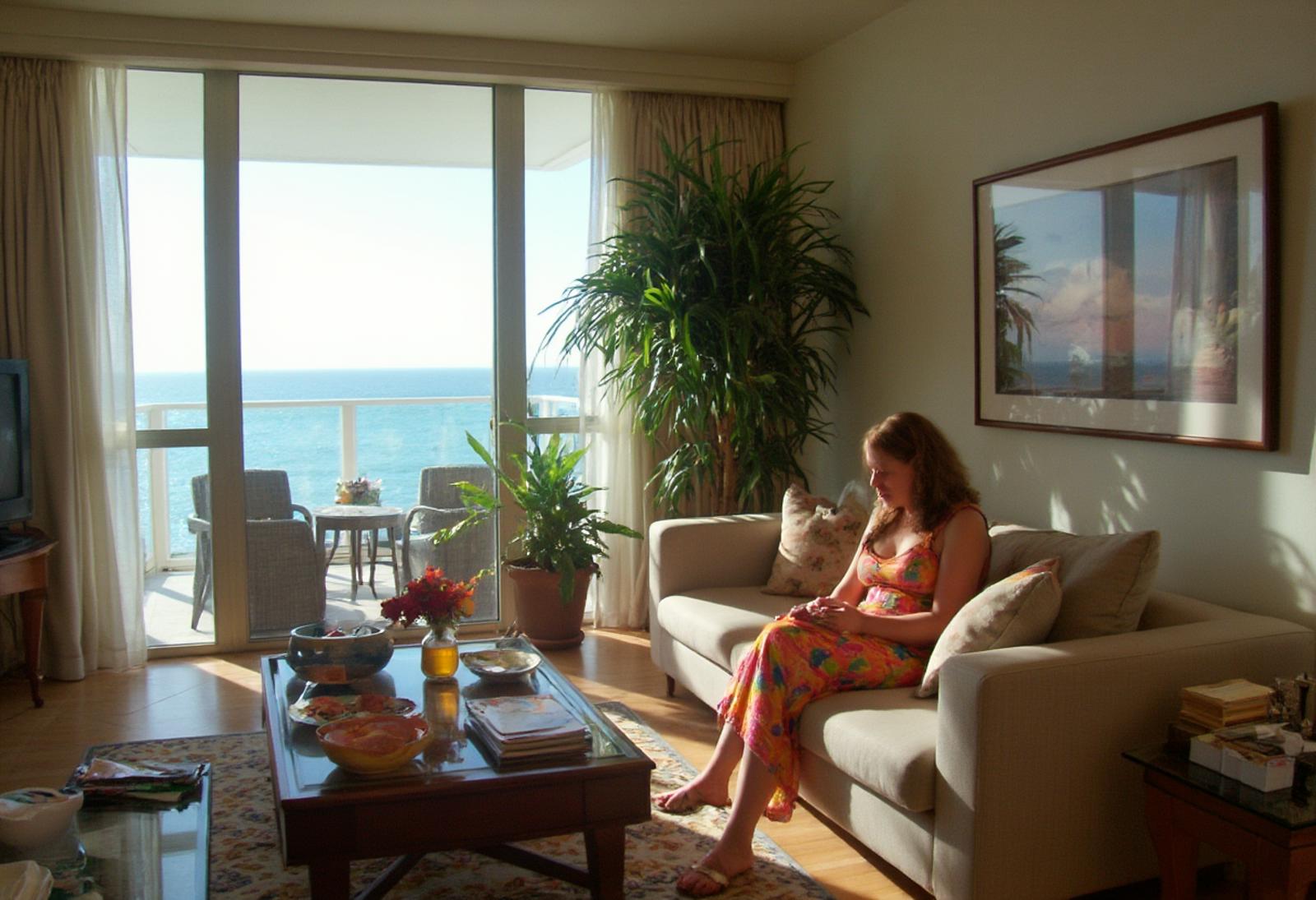 Amateur photography of interior living room of a modern miami penthouse overlooking the ocean, luxury high end furniture, TV, potted palms, elegant lady is sitting on the sofa relaxing, wearing colorful summer dress, f/<aperture>, <other tags: like low light, slight blur, slight overexposure, warm tones, cluttered background>, jpeg artifacts, on flickr