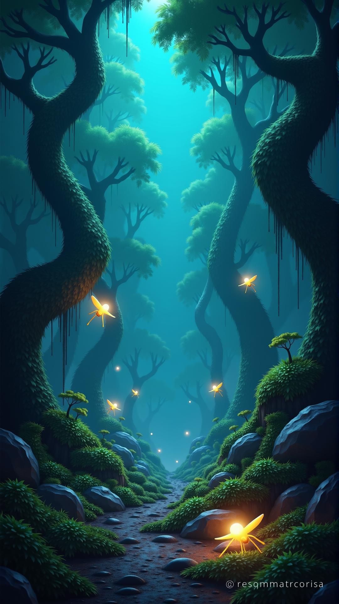 A sprawling jungle where the trees are made of glowing crystal, their branches twisting and curling into intricate patterns that pulse softly with light. The ground is covered in a thick layer of bioluminescent moss that glows in vibrant blues and greens, casting an ethereal glow throughout the jungle. Massive, glowing insects buzz lazily through the air, their bodies leaving trails of light as they move. Above, the sky is filled with swirling clouds of radiant mist, casting soft, diffuse light onto the glowing jungle below.