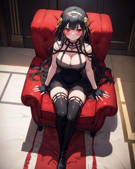 black dress, 1girl, breasts, solo, , red eyes, black hair, gold hairband, gloves, large breasts, black thighhighs, boots, fingerless gloves, hairband, cleavage, hair ornament, black gloves, flower, hair flower, knife, full body,, thigh boots, , sidelocks, sitting, rose, earrings, long hair, looking at viewer, black footwear, chair, bangs, blush, closed mouth, gold earrings, high heel boots,, indoors,from above,  <lora:YorBlackDress:0.8>,