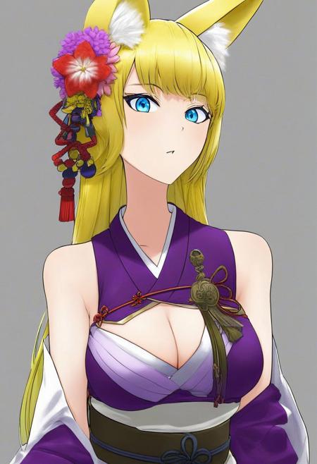 Sketched then Painted on an oil canvas, taisho era art style, on a scroll, multiple layers, character design (1.5), highres(1.2), masterpiece(1.2), anime movie style, manga, 1adult female, PoV closeup waist up, in a japanese style shrine, adult, full grown adult, adult body proportions, perfect body, model, golden ratio, Highly detailed, 4k, high res,  straight shoulder length hair_style, (eye color:(blue eyes)), anime eyes, straight shoulder length hair, hair color:(blonde), real fox ears, real fox tail, wearing a shrine maiden outfit, flower hair ornament, white inner ear fox hair,