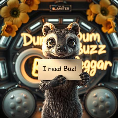 masterpiece, intricate photo, realistic outer space alien animal grinch badger holding a white sign on which is written "I need Buzz!", background interior of a spcecraft, giant alien flowers at the walls, in the background is written in neon letters "Dumb Buzz Beggar", hyper realistic, highly detailed, sharp focus, crepuscular lights in the background, dawn of technology, dark art, gothic art, cyberpunk style, best quality, high resolution, colorful, vibrant colors, studio lighting, high quality image, no wrong proportions, 8K