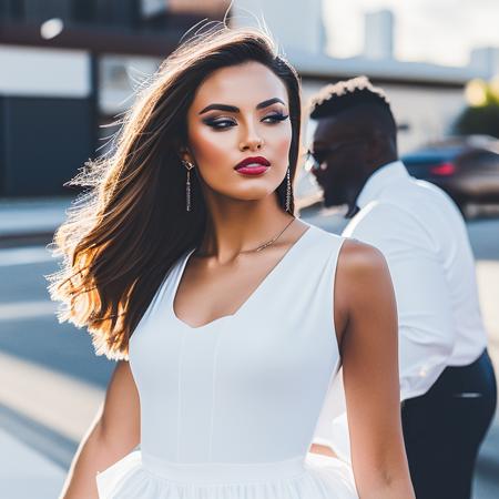 hyper-realistic, mfs shot, best quality, high detail, masterpiece, high quality, summer streetwear, (midriff:1.3), bloom, film grain, detailed eyes, beautiful face, (skinny:1.2), (young female:1.3), city background