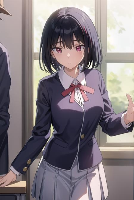 yakumotsukamoto, <lora:yakumo tsukamoto s2-lora-nochekaiser:1>,
yakumo tsukamoto, short hair, black hair, (red eyes:1.3),
BREAK skirt, shirt, long sleeves, bow, ribbon, school uniform, white shirt, pleated skirt, collared shirt, bowtie, red ribbon, neck ribbon, red skirt,
BREAK indoors, classroom,
BREAK looking at viewer, (cowboy shot:1.5),
BREAK <lyco:GoodHands-beta2:1>, (masterpiece:1.2), best quality, high resolution, unity 8k wallpaper, (illustration:0.8), (beautiful detailed eyes:1.6), extremely detailed face, perfect lighting, extremely detailed CG, (perfect hands, perfect anatomy),