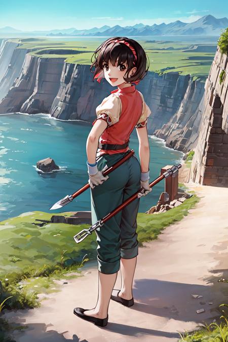 <lora:nanami_suikoden_face:0.77>, 1girl, solo, short hair, brown hair, look at viewer, ((masterpiece)), (best quality), 1girl, alone, bridge, grass, focused, close angle, grabbing, smile, detailed, anime, brown eyes, gloves, hairband, hand on hip, open mouth, standing, looking at viewer, shoes, pants, short sleeves, puffy sleeves, black hair, flats, holding, :d, puffy pants, capri pants, puffy short sleeves, weapon, ribbon, no socks, shirt, chinese clothes, wristband, wrench, bangs, hair ribbon, baggy pants, staff, white gloves, black footwear, colorful, green pants, from behind, full body, standing, cliff, mountain, ocean,  looking away