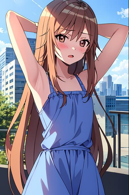 (exceptional, best aesthetic, new, newest, best quality, masterpiece, extremely detailed), ookamiryouko, 1girl, solo, embarrassed, blush, arms_behind_head, blue_sundress, cityscape