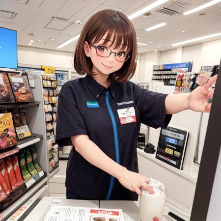 masterpiece, best quality, ultra-detailed, illustration,
famima, scenery, indoors, japan, shop, ceiling, cashier, monitor, 
famimaU, employee uniform, japan, id card, uniform, name tag, shirt,
1girl, glasses, brown hair, smile, looking at viewer, 
<lora:FAMIMA_scenery_SD15_V1:0.8>