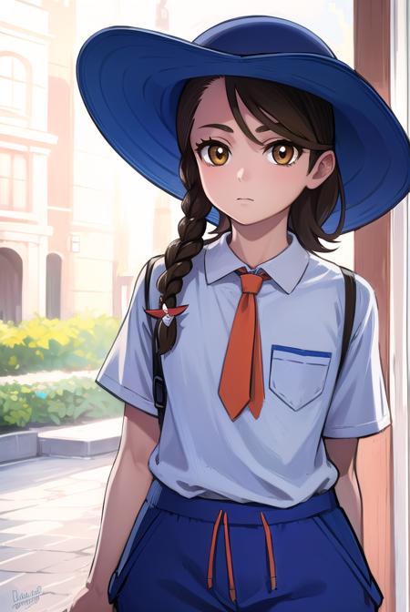 pokemonjuliana, <lyco:pokemonjuliana-lyco-nochekaiser:1>,
pokemonjuliana, braid, (brown eyes:1.5), brown hair, hair ornament, hairclip, side braid, single braid, swept bangs,
BREAK backpack, bag, black footwear, blue headwear, blue shirt, breast pocket, collared shirt, hat, kneehighs, naranja academy school uniform, necktie, orange necktie, orange shorts, pocket, school uniform, shirt, shoes, short sleeves, shorts, socks, striped, striped shorts, sun hat, white socks
BREAK looking at viewer, full body, (cowboy shot:1.5),
BREAK outdoors,,
BREAK <lyco:GoodHands-beta2:1>, (masterpiece:1.2), best quality, high resolution, unity 8k wallpaper, (illustration:0.8), (beautiful detailed eyes:1.6), extremely detailed face, perfect lighting, extremely detailed CG, (perfect hands, perfect anatomy),