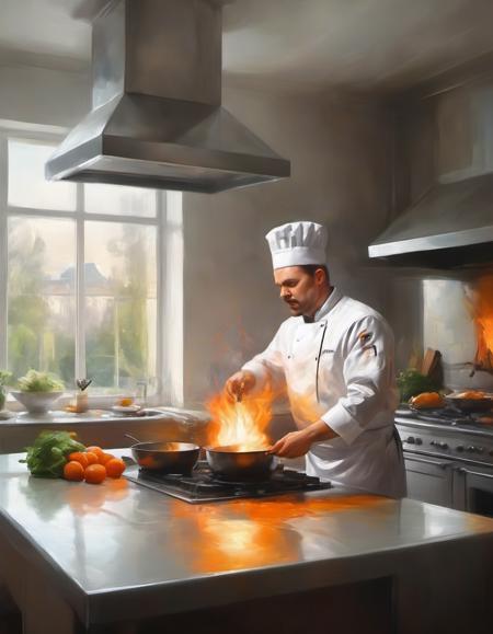 a modern haute cuisine kitchen chef at work in the style of bright kitchen polished clean surfaces open fire stove