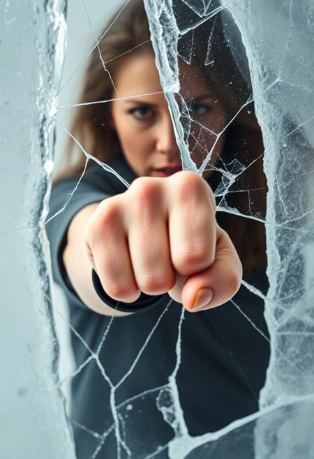 surreal art, an angry woman dramatically punches through a cracked ice curtain that covers the screen and separates her from the viewer. her faded figure facing the viewer and looking over her fist is obscured by the solid ice sheet. all that is visible is a close-up of her extended left arm and her fist breaking the ice apart with a thundering blow leaving behind motion trails. the entire image is covered in a thin sheet of ice except the area around the woman's fist. her knuckles appear bruised due to the impact  <lora:Dever_Flux_Enhancer:0.5>