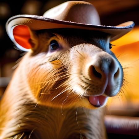 A vivid, detailed photograph of a capybara wearing a cowboy hat in a Wild West saloon, taken with a Sigma 85mm f/1.4