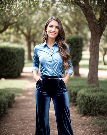 cinematic photo (realistic, photorealistic), <lora:quiron_AugustAmes_v3_Lora:0.67> AugustAmesQuiron woman, a  happy woman (wearing  Button-up shirt and (Velvet pants: Luxurious pants made from soft, velvet fabric.)), Go for a walk or run., (realistic:1.2), look at viewer,  Dutch angle,   diffused light, ,  (high quality skin:1), (high detailed face skin:1.1), (realistic iris:1.1), (realistic pupils:1.1), (skin pores, skin imperfections), . 35mm photograph, film, bokeh, professional, 4k, highly detailed