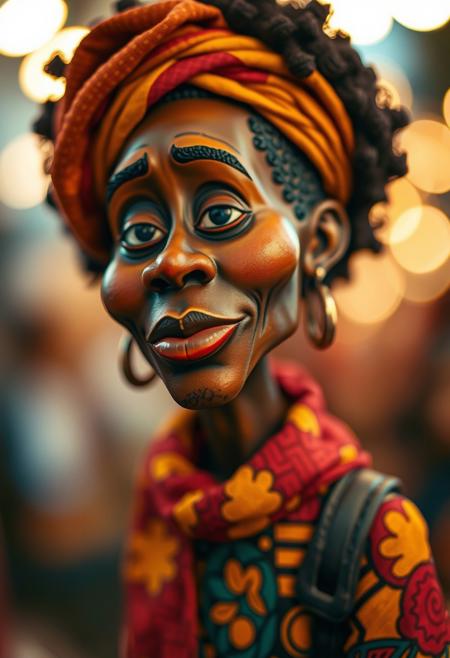 Warm blurred bokeh effect enhances a narrative art caricature figure. The bold color palette uses reds, oranges, and yellows, combined with quilted textures and storytelling through textiles. The style reflects African-American heritage, cultural identity, activism themes, and folk-art influences. The figurative composition uses dynamic patterns, expressive faces, and community-centered scenes within historical narratives and vibrant symbolism, creating a mixed-media piece.  Sharp subject focus contrasts with a soft background.