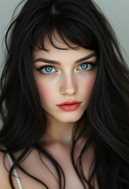 1girl, Instagram Model, 21 years old, pale skin,  long jet black hair, with loose waves and slighlty messy bangs,  light blue eyes, perfect beautiful face,   rosy cheeks, pink lips,  smoky makeup, black eyeliner,   neutral expression on her face, 
front light, photography, head shot, realistic, 
stright on angle, tanken with a Canon EOS R5, and Canon RF 50mm f/1.2L USM lenses,