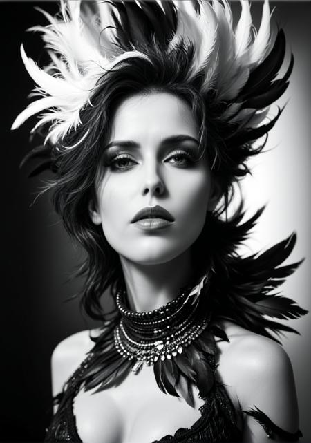 large breasts, big boobs, huge tits, score_9, score_8, score_7, _A dramatic vertical monochrome portrait of a striking woman standing flush directly parallel in front of the camera lens, blending realism with an abstract, surreal aesthetic. Her face is partially illuminated by a soft, ethereal light, casting delicate shadows that emphasize her sharp cheekbones and refined jawline. Her eyes are deep and enigmatic, framed by thick lashes, and seem to tell a story of resilience and mystery. Her voluminous hair flows wildly creating a sense of motion and energy that covers the top of the frame.  She wears a high-collared, intricately textured garment, resembling dark feathers or scales, adding an edge of strength and sophistication. The background is white. The overall mood is intense and captivating, with bold contrasts of light and shadow enhancing every detail._<lora:lora\bombshell_v2.safetensors:0.7000000000000001:0.7000000000000001><lora:lora\xl_more_art-full_v1.safetensors:0.7000000000000001:0.7000000000000001><lora:lora\Derelict_Faces.safetensors:0.9:0.9>
