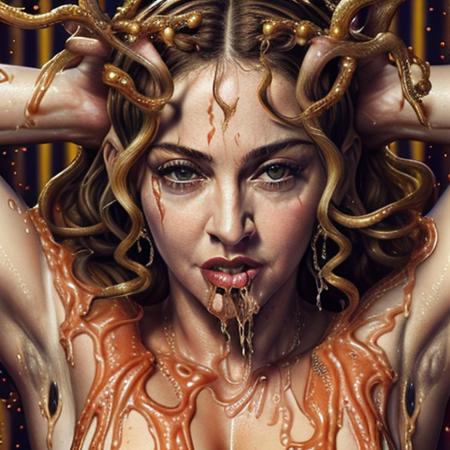 (SLPASHTER_3-7000), ((best quality)), ((masterpiece)), ((realistic)), (detailed), an (extremely psychedelic:1.1) portrait of (Madonna as Medusa:1.2), surreal, LSD, intricate, elegant, lithe, highly detailed, digital painting, artstation, concept art, smooth, sharp focus, illustration