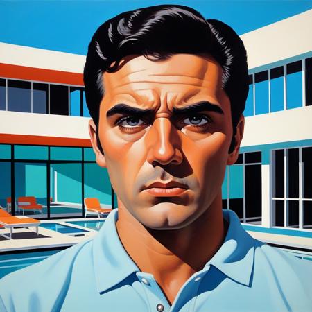 devastatingly handsome Miami blood spatter analyst in a polo shirt, thick dark eyebrows, close-set eyes with thick lashes, bedroom eyes that are completely empty and soulless, European nose, angular face with square jaw, perfect proportions, standing and looking directly at viewer with intense Kubrick stare, head tilted slightly down while eyes look up, unsettling fixed gaze with no emotion behind the eyes, handsome facade masking complete emptiness,, vibrant acrylic painting style, bold flat colors, clean geometric compositions, bright California sunlight, crisp shadows, modernist architecture, swimming pool blue tones, perfectly manicured landscapes, mid-century modern aesthetic, saturated color palette, smooth gradients, minimal detail work, contemporary pop art influence, architectural precision, optimistic 1960s atmosphere,