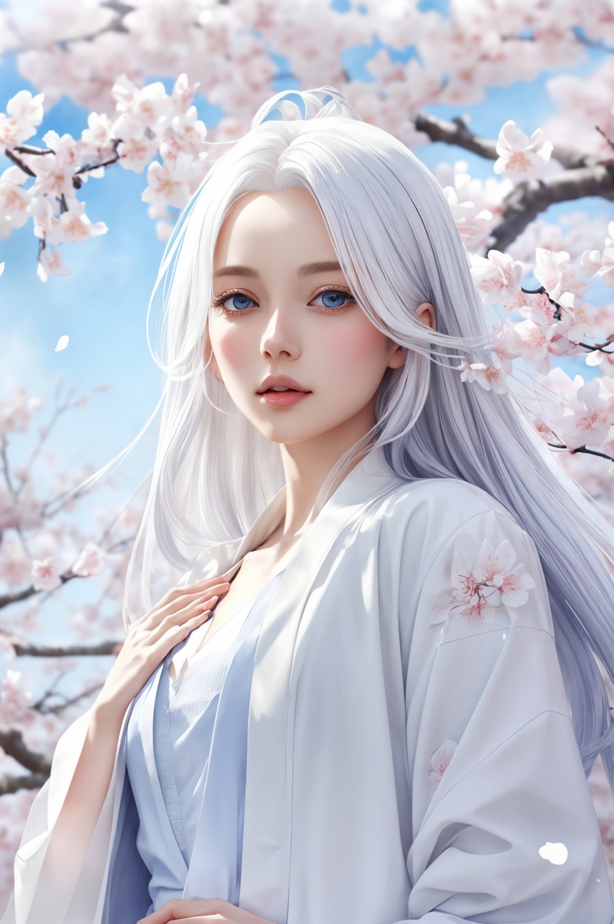 upper body, a beautiful 1woman long white hair, open jacket white shirt, posing under sakura blossoming petals flowers, in...