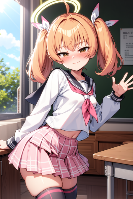 yoshimi, brown eyes, blonde hair, twintails, ahoge, hair ribbon, halo black serafuku, track jacket, red jacket, pink skirt, pleated skirt, plaid skirt, black thighhighs socks, white sneakers