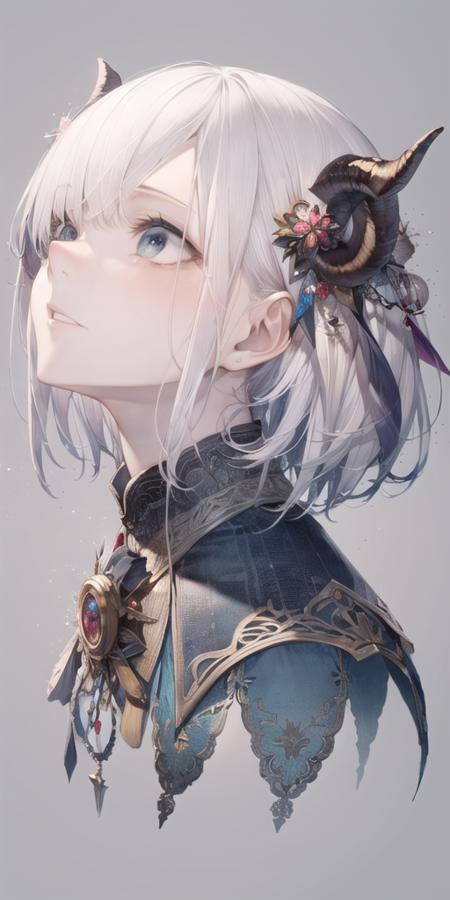 1girl, solo, white background, simple background, white hair, horns, cropped shoulders, bangs, hair ornament, portrait, blue eyes, short hair, parted lips, from side, jewelry, looking up, looking away, eyelashes,<lora:hito_loha_v1d:0.7>