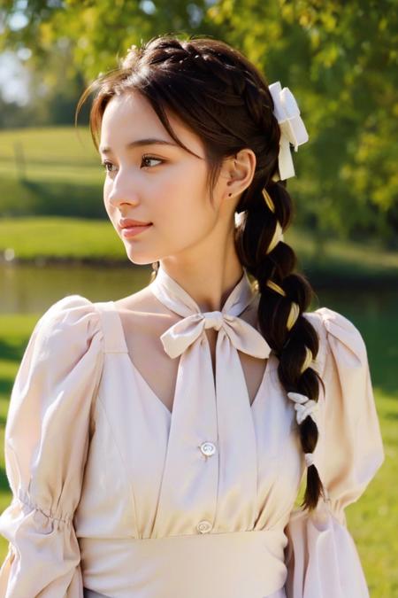 4k,ldr,
1girl, looking at viewer, skin fair,Fashion,outdoors,
 Make-up, Lips, brown hair, twin braids, french braid,
Bow-back blouse with a scoop neckline and flutter sleeves,
Nikki S. Lee,
<lora:Face love:0.4><lora:zipai:0.75>