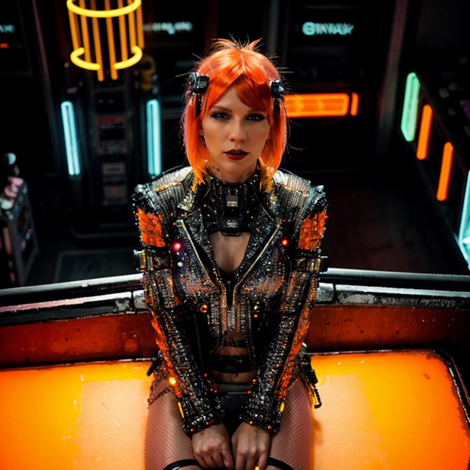 <lora:Taysway_V5-10:0.75> Taysway, (fringe, punk neon orange hair:1.2), (view from above:1.3), (glittery psychedelic makeu...