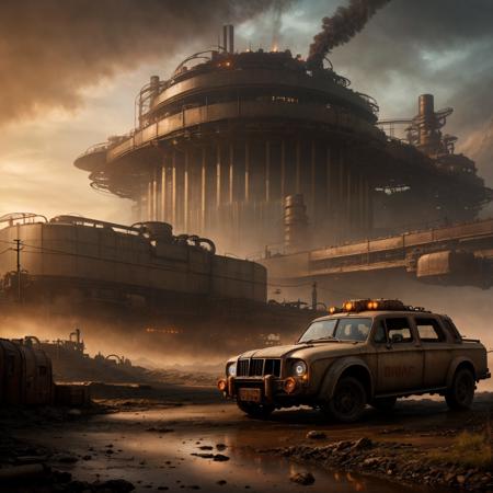 RAW photo, (epic landscape), masterpiece, ((dieselpunk)), futuristic factory, postapocalyptic, smoke, best quality, dynamic pos, ultra detailed, reflective puddles, metal plates, rust, full body, fluid movement, light trail, dramatic lighting, red tone,  short_hair, Photorealistic, Hyperrealistic, Hyperdetailed, analog style, detailed skin, matte skin, soft lighting, subsurface scattering, realistic, heavy shadow, masterpiece, best quality, ultra realistic, 8k, High Detail, film photography, soft focus,