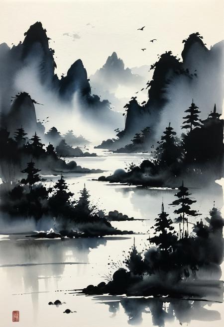After weeks of strain and sickness,, minimalist ink paintings, sumi-e style, bold fluid brushwork, spontaneous strokes, simplicity and clarity, animals and landscapes, strong sense of movement, expressive negative space, varying ink tones, light and dark contrast, form without excessive detail, Zen principles, restraint and balance, transient nature, power and tranquility, philosophical approach, swift and decisive strokes, meditative art