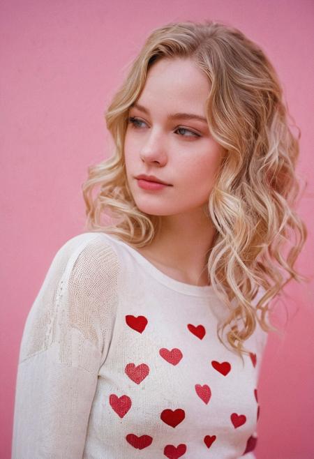 ASCII oil portrait of a girl with extremely small breasts, (nipple outline, pokies under shirt:1.4), long blonde wavy hair, extremely beautiful woman, narrow face, model, Valentine`s Day, hearts, love, red and white clothing, wearing tight sweater, simple background, pink gradient background, pale skin, white girl, detailed skin, looking at viewer, small smile, cinematic, great shading, moody slighting, (by Hope Gangloff:1.2),