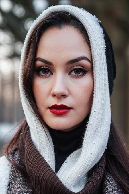 photo of a woman, sydneywatson:0.99, ((dark brown hair)), ((turtleneck sweater, scarf):1.1), ((closeup, portrait)),((outdoors, snow)), ((red lipstick, makeup)), (serious), ((best quality, masterpiece, extreme details, high resolution):1.2),((detailed eyes, beautiful eyes, detailed face, beautiful face):1.2)